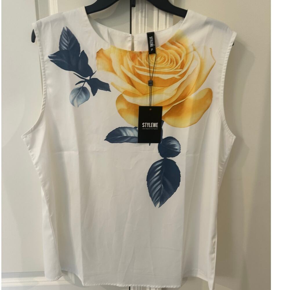Stylewe Floral Sleeveless Blouse XL Cream Yellow Rose Top